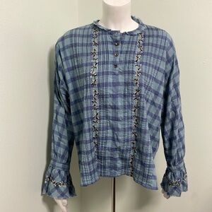 Inoui Paris blue plaid embroidered blouse